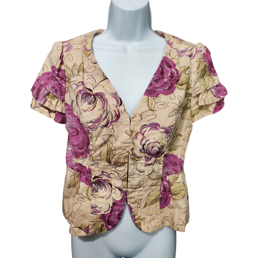 Anthropologie Elevenses Hook & Eye Floral Pink And Cream Blazer Top